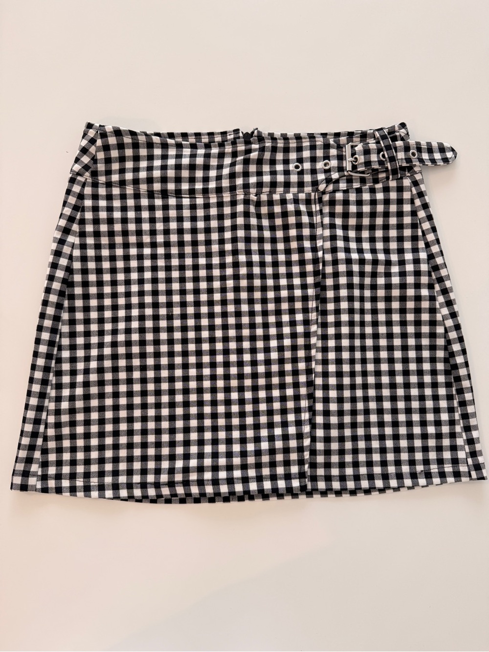 Black and White Gingham Belted Mini Skirt